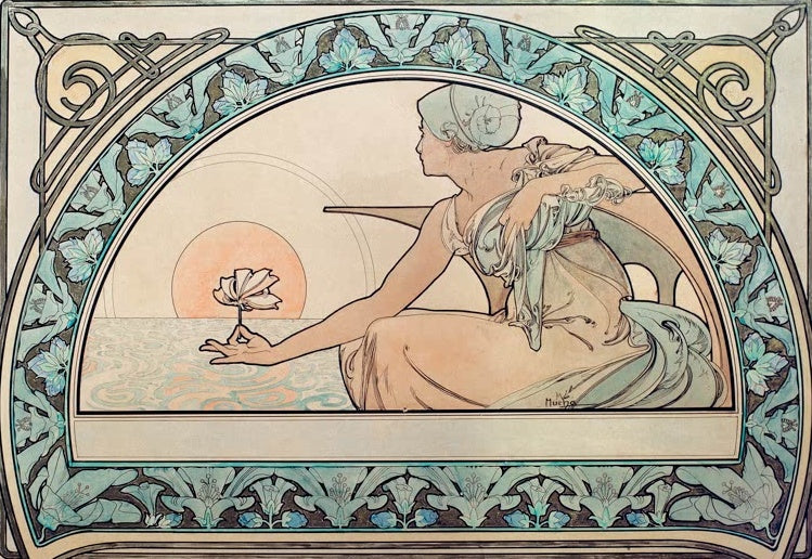Alfons Mucha Seerose Kunstkopie, sitzende Frau greift im Halbrund nach einer Seerose vor untergehender Sonne