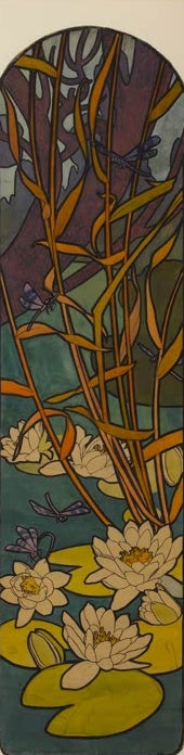 Alfons Mucha Seerosen und Libellen Kunstkopie, cremeweiße Seerosen, Schilf und Libellen im schmalen Bogenfeld