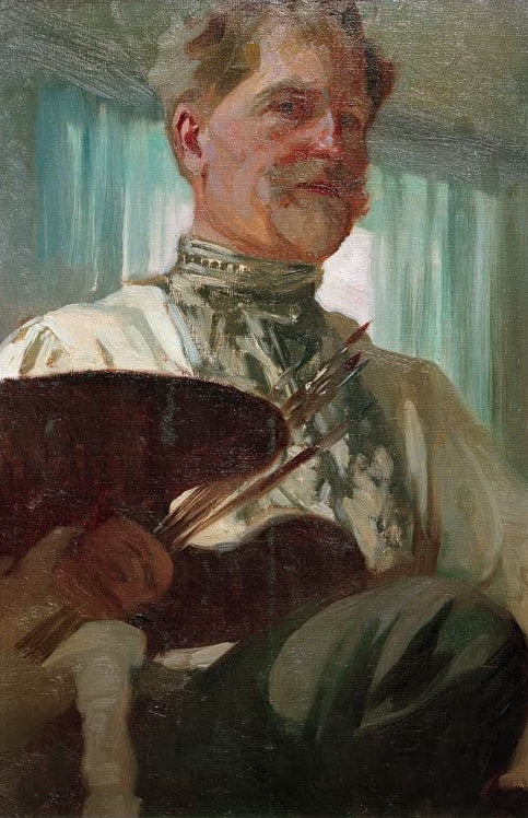 Alfons Mucha Selbstporträt mit Palette Kunstkopie, Maler mit Pinseln und Palette vor türkisgrünen Vorhängen