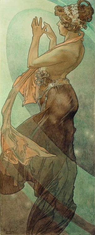Alfons Mucha Sterne: Der Abendstern Kunstkopie, Frau im Profil mit erhobenen Händen und Sternblüten im Haar vor grünem Grund