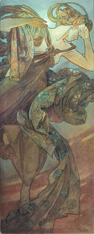 Alfons Mucha Sterne: Der Polarstern Kunstkopie, tanzende Frau in fließendem Gewand mit Nelkenmuster vor Abendhimmel