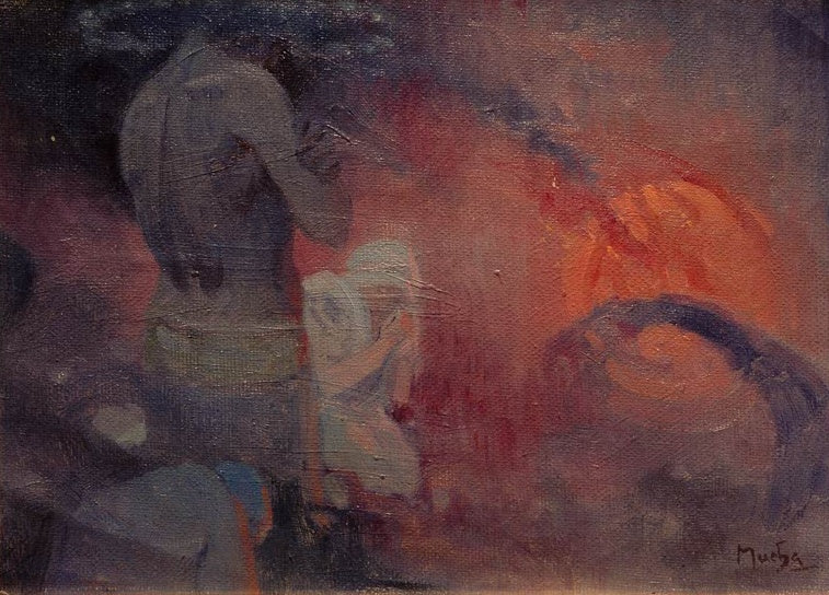 Alfons Mucha Symbolische Darstellung Kunstkopie, Rückenfigur und helle Gestalt vor glühend roter Fläche
