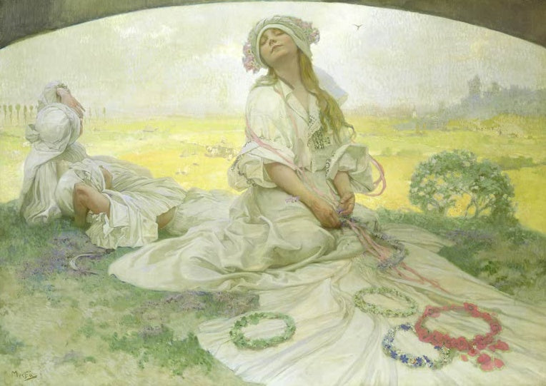 Alfons Mucha Tschechisches Lied Kunstkopie, träumende Frau in Weiß mit Blumenkränzen auf einer sonnigen Wiese