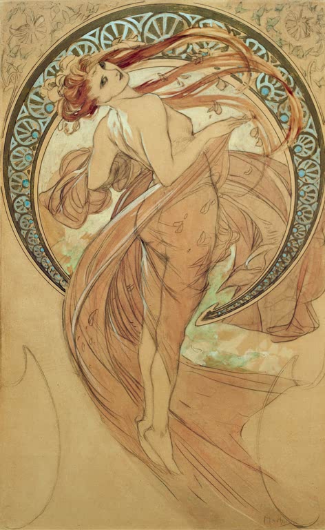 Alfons Mucha Vier Künste: Der Tanz, Aquarellentwurf Kunstkopie, tanzende Frau mit rotem Haar und wehendem Schleier