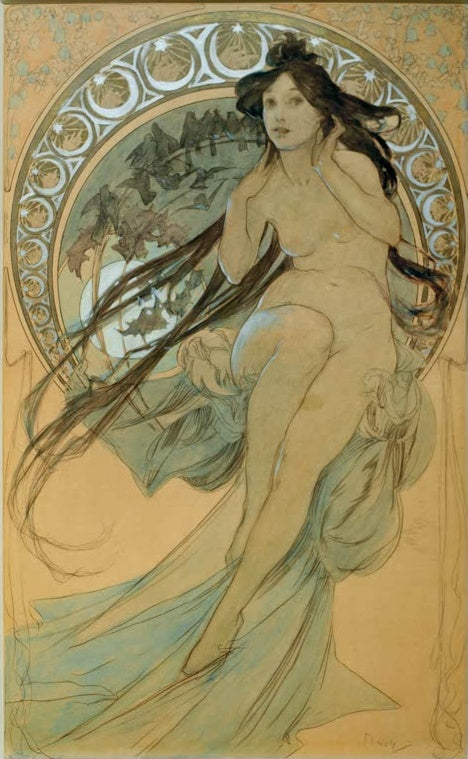 Alfons Mucha Vier Künste: Die Musik, Entwurf Kunstkopie, sitzende Frau mit langem Haar vor Mond und Vogelbaum im Kreis