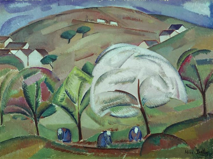 Alice Bailly Studie zu Frühling in Orsay Kunstkopie, blühender Baum über Feldarbeiterinnen in hügeliger Dorflandschaft