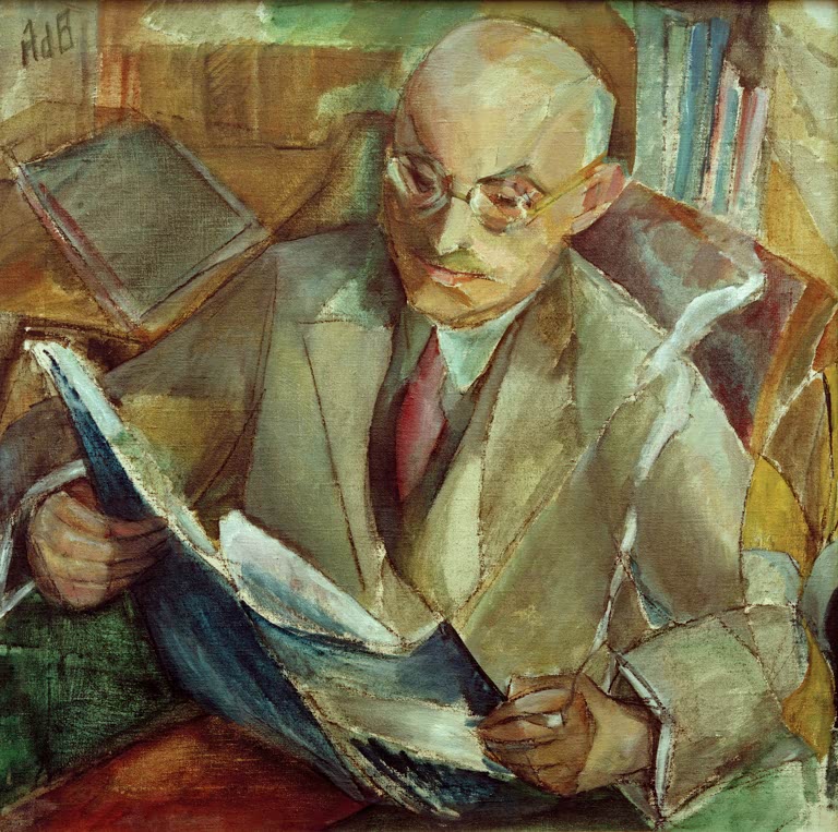 Alma del Banco Bildnis Dr. Ludwig Wendemuth Kunstkopie, lesender Mann mit Brille im grünen Sessel vor Bücherregal