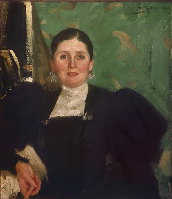 Bildnis einer Frau in dunklem Kleid mit weißem Spitzenkragen vor grünem Grund – Anders Zorn Martha Liebermann Kunstkopie