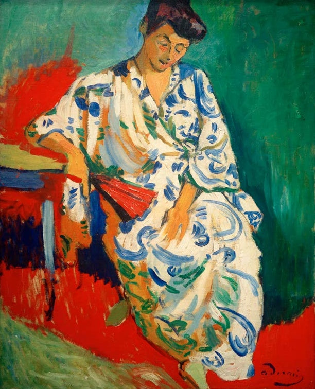 Frau im weiß-blauen Kimono mit rotem Fächer vor grünem Grund – Andre Derain La Femme au châle Kunstkopie