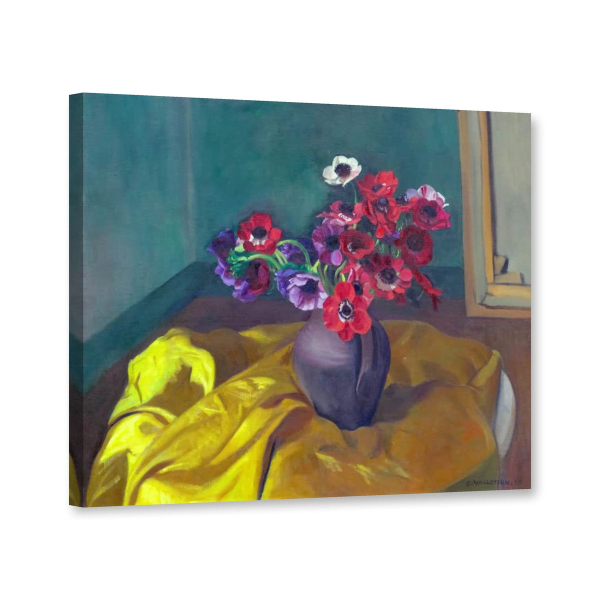Anemonen in violetter Vase auf gelbem Tuch von Félix Vallotton als Leinwand – Perspektivansicht