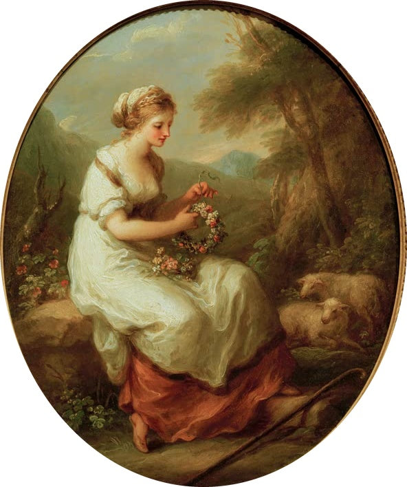 Junge Frau in Weiß flicht Blumenkranz, zwei Schafe – Angelika Kauffmann Abra – Schäferin, Blumen windend Kunstkopie