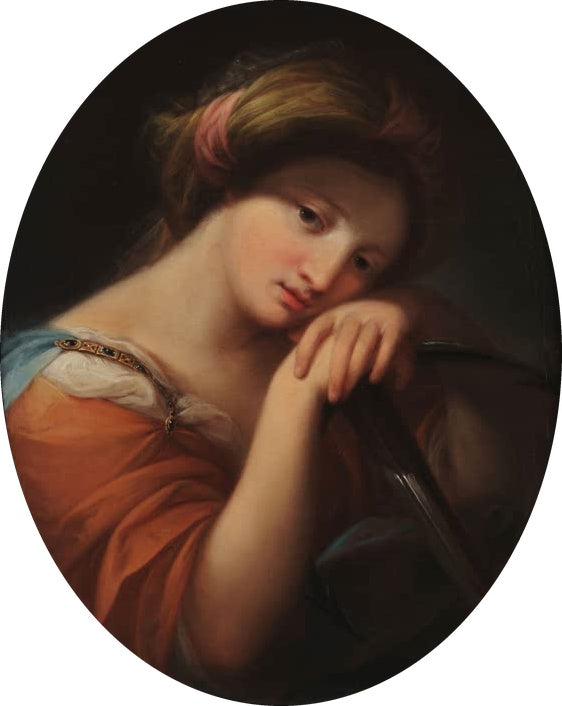 Ovales Bild einer jungen Frau mit Turban, Kopf in die Hände gestützt – Angelika Kauffmann Allegorie der Hoffnung Kunstkopie