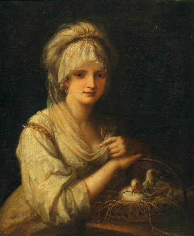 Junge Frau mit Kopftuch hält einen Korb mit zwei Täubchen – Angelika Kauffmann Allegorie des ehelichen Friedens Kunstkopie