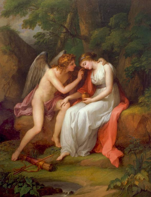 Angelika Kauffmann Amor und Psyche Kunstkopie, geflügelter Amor tröstet sitzende Psyche im Wald mit Ölgefäß