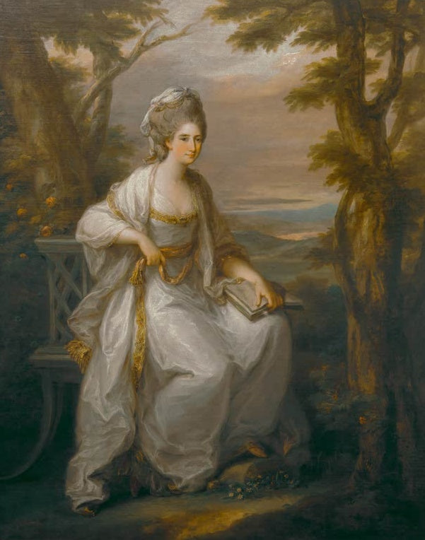 Frau in Weiß sitzt mit Buch in einer Parklandschaft unter Bäumen – Angelika Kauffmann Lady Henderson von Fordell Kunstkopie