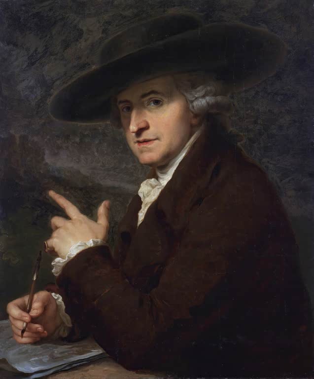 Mann mit breitem Hut hält Feder und Papier – Angelika Kauffmann Antonio Zucchi Kunstkopie