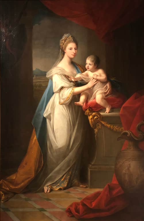 Frau in Weiß mit blauem Mantel hält ein Kind – Angelika Kauffmann Augusta mit ihrem Sohn Karl Georg August Kunstkopie