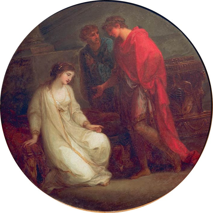 Eine Frau sinkt auf ein Lager, zwei Männer dahinter, rundes Format – Angelika Kauffmann Augustus und Kleopatra Kunstkopie