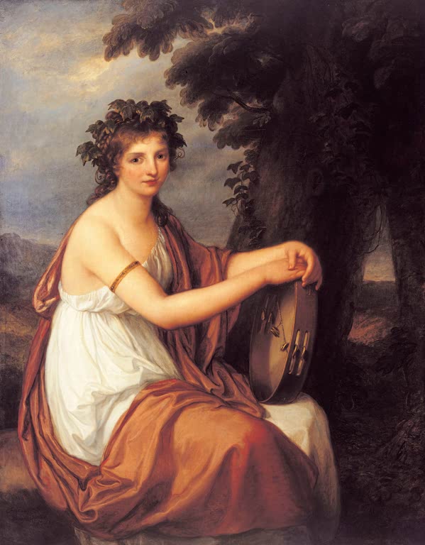 Junge Frau mit Efeukranz und Tamburin unter einem Baum – Angelika Kauffmann Bacchantin Kunstkopie
