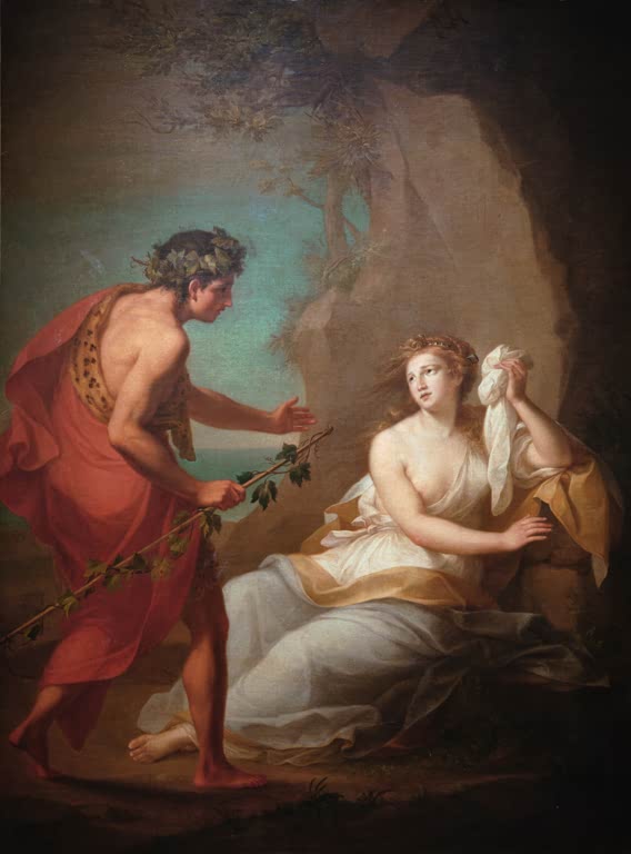 Bacchus mit Efeuranke tritt zur klagenden Ariadne – Angelika Kauffmann Bacchus entdeckt Ariadne auf Naxos Kunstkopie