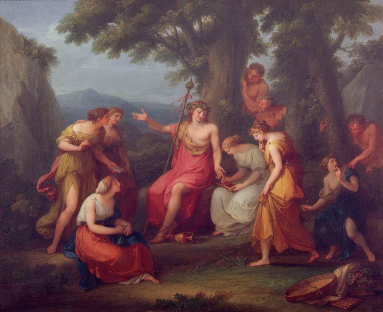 Bacchus mit Stab sitzt im Wald unter Nymphen und Faunen – Angelika Kauffmann Bacchus lehrt die Nymphen Kunstkopie