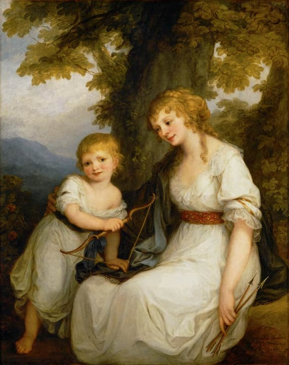 Mutter in Weiß mit Pfeilen sitzt neben ihrem Sohn mit Bogen – Angelika Kauffmann Baronin Krüdener und ihr Sohn Kunstkopie