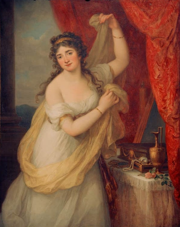 Angelika Kauffmann Bildnis Lady Smith als Venus Kunstkopie, Frau im weißen Kleid mit goldenem Schleier vor rotem Vorhang