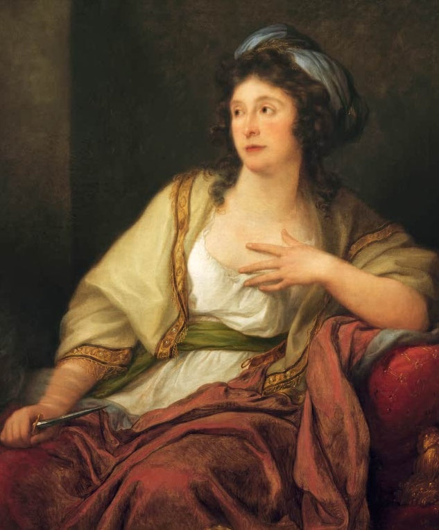 Frau mit blauem Turban hält einen Dolch – Angelika Kauffmann Marie Anna de Santa Cruz Kunstkopie