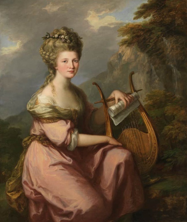 Angelika Kauffmann Bildnis der Sarah Harrop als Muse Kunstkopie, Frau in Rosa mit goldener Lyra vor Landschaft