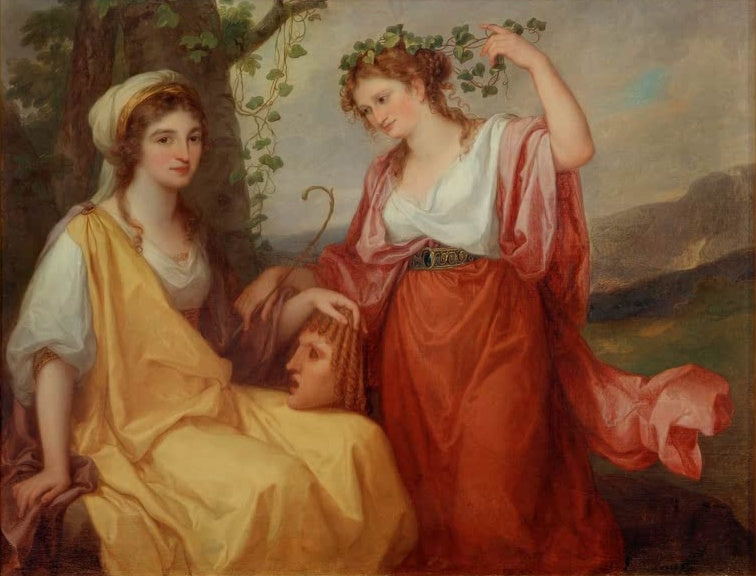 Zwei Frauen, eine mit Weinlaub, die andere mit Theatermaske – Angelika Kauffmann Domenica Morghen als Tragödie Kunstkopie