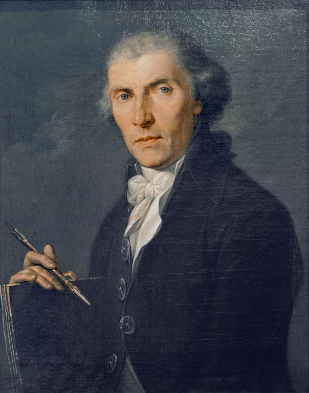 Mann mit grauem Haar hält Stift und Mappe – Angelika Kauffmann Bildnis Johann Joseph Kauffmanns Kunstkopie