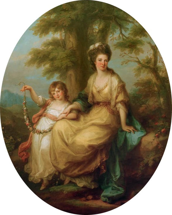 Mutter in Gelb mit Tochter, die eine Blumengirlande hält – Angelika Kauffmann Lady Rushout mit ihrer Tochter Anne Kunstkopie
