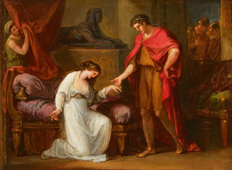 Kniende Frau in Weiß, davor ein Mann in rotem Mantel – Angelika Kauffmann Caesar und Cleopatra Kunstkopie