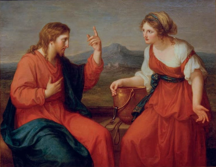 Christus in Rot spricht am Brunnen zu einer Frau – Angelika Kauffmann Christus und die Samariterin Kunstkopie