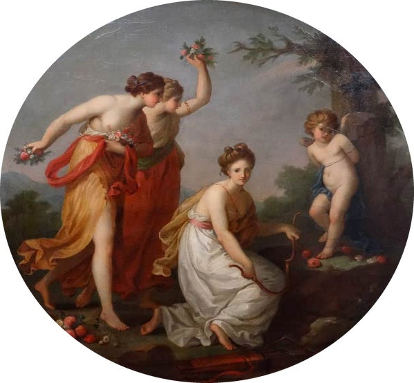 Rundbild: zwei Frauen, Frau mit Bogen und gefesselter Amor – Angelika Kauffmann Cupid entwaffnend Kunstkopie
