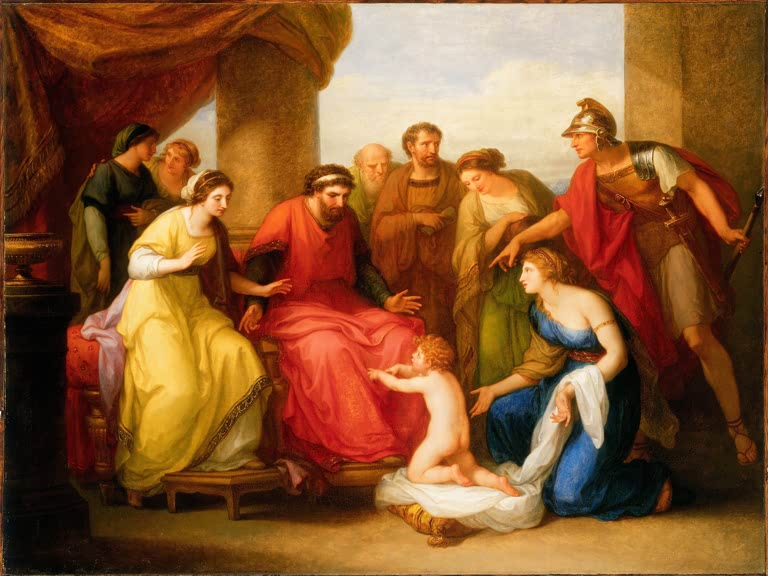 Kind fleht den König an, Frauen und Krieger – Angelika Kauffmann Das Kind Pyrrhos fleht König Glaukos um Asyl an Kunstkopie