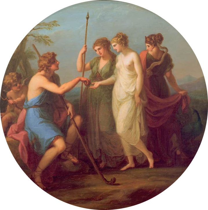 Paris überreicht einer Göttin den Apfel, links Amor, rundes Format – Angelika Kauffmann Das Urteil des Paris Kunstkopie