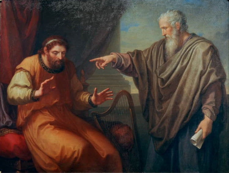 Bärtiger Prophet zeigt auf einen sitzenden König, dahinter Harfe – Angelika Kauffmann David und Nathan Kunstkopie