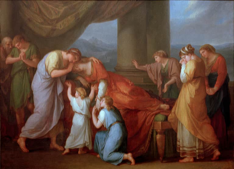 Frauen und Kinder trauern um die sterbende Alkeste – Angelika Kauffmann Der Tod der Alkeste Kunstkopie
