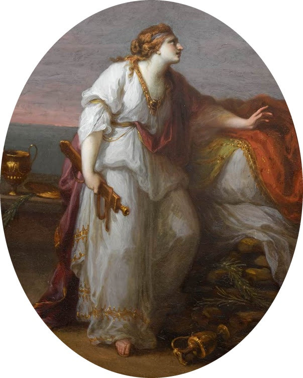 Frau in Weiß mit rotem Mantel vor goldenen Gefäßen – Angelika Kauffmann Dido auf dem Scheiterhaufen Kunstkopie