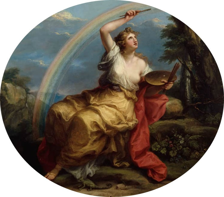 Angelika Kauffmann Die Farbe Kunstkopie, Frau mit Palette und Pinsel vor Regenbogen und Chamäleon