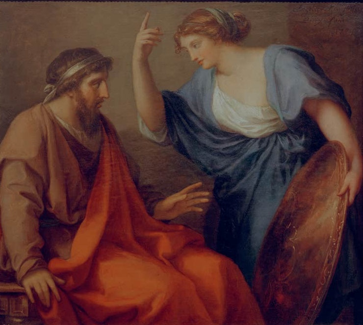 Angelika Kauffmann Nymphe Egeria und Numa Pompilius Kunstkopie, sitzender König und Frau mit Rundschild in Rot und Blau