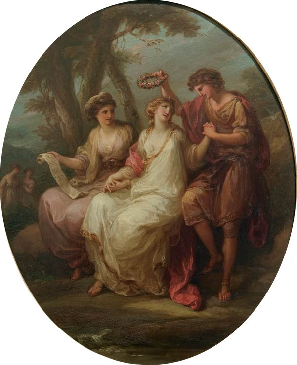 Zwei Frauen und ein Mann krönen eine Sitzende – Angelika Kauffmann Die Schönheit zwischen Poesie und Ehre Kunstkopie