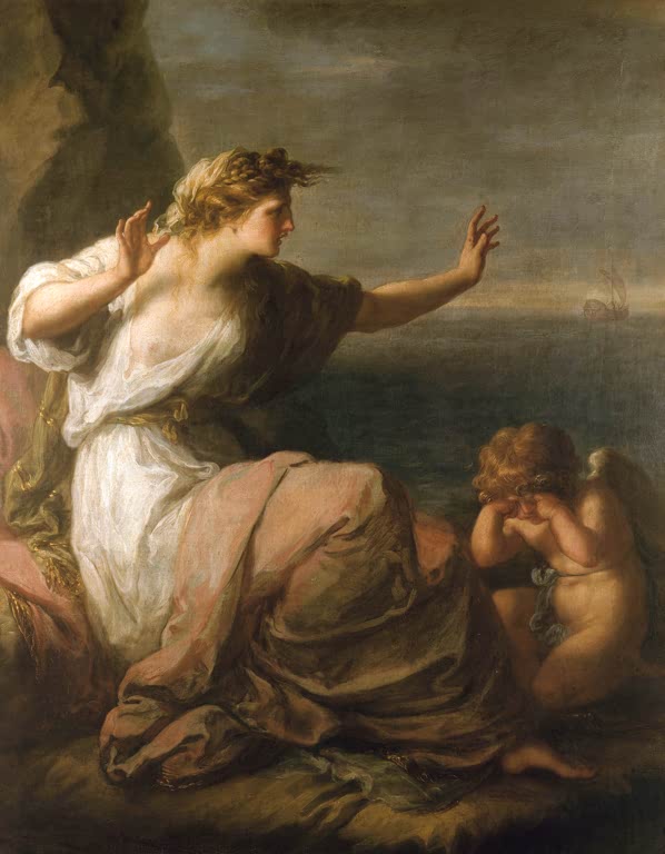 Frau in Weiß wehrt mit erhobenen Händen ab, daneben weinender Amor – Angelika Kauffmann Die verlassene Ariadne Kunstkopie