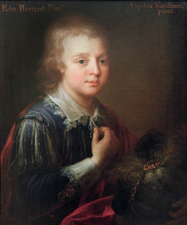 Kleiner Junge in samtigem Kostüm mit Spitzenkragen, Hand an der Brust – Angelika Kauffmann Edmund Bastard Kunstkopie