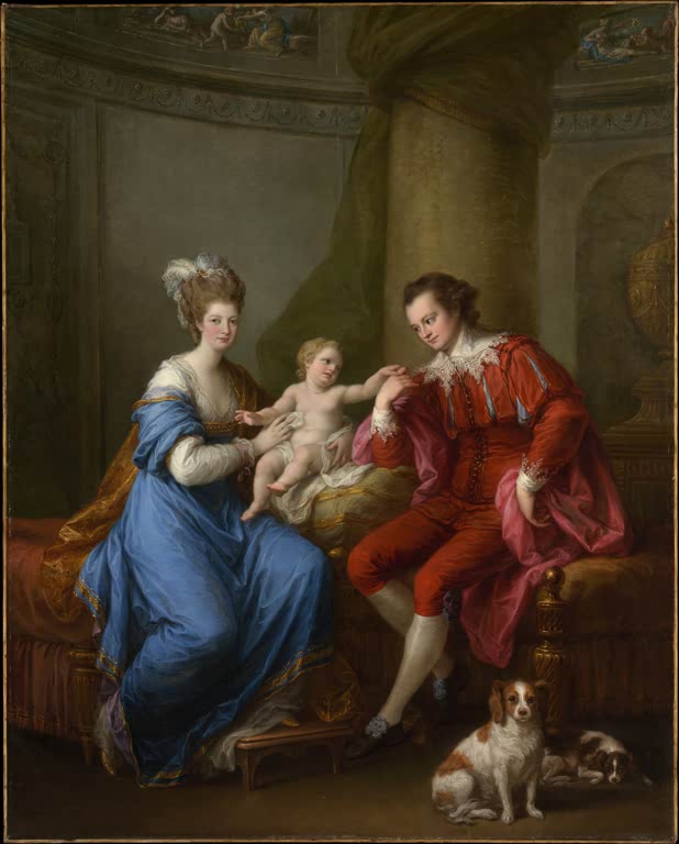 Paar in Blau und Rot hält ein Kind, vorn Spaniel – Angelika Kauffmann Edward Smith Stanley, Earl of Derby Kunstkopie
