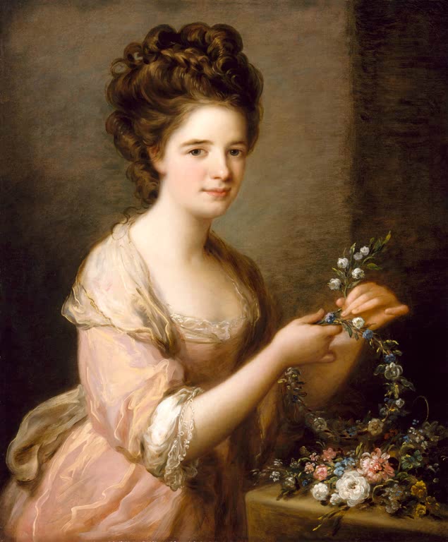 Junge Frau in Rosa windet einen Blütenkranz, vor dunkler Wand – Angelika Kauffmann Eleanor, Countess of Lauderdale Kunstkopie