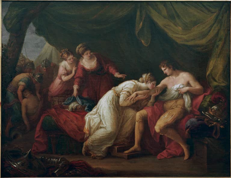 Frau küsst die Wunde am Arm eines Mannes im Zelt – Angelika Kauffmann Eleanora saugt Gift aus der Wunde Kunstkopie