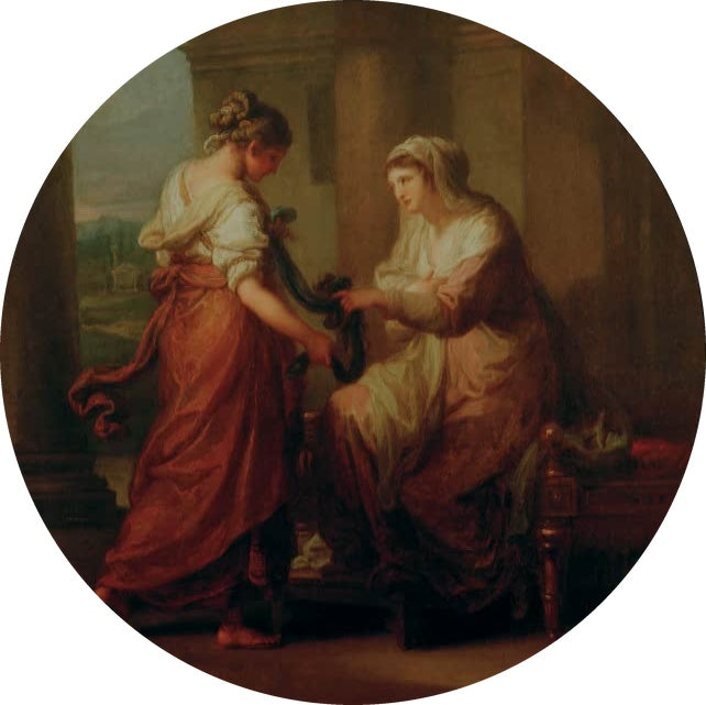 Zwei Frauen in Säulenhalle reichen sich ein Tuch, rundes Format – Angelika Kauffmann Elektra und Chrysothemis Kunstkopie