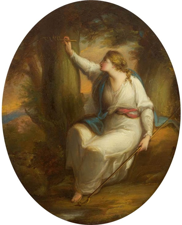 Frau in Weiß ritzt einen Namen in einen Baumstamm, Hirtenstab in der Hand – Angelika Kauffmann Erminia Kunstkopie